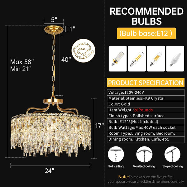 24" 8 Lights Gold Crystal Chandeliers for Dining Room Light Fixture5