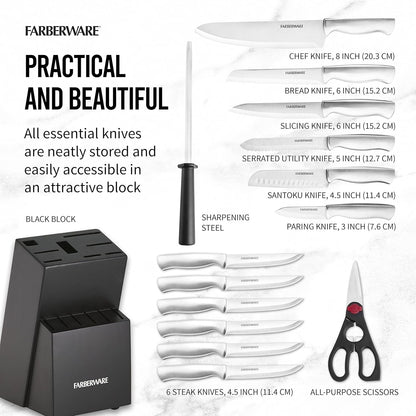 15-Piece Kitchen Knife Set, High-Carbon Stainless Steel Blades with Wood Block, Steak Knives, Sharpening Tool & All-Purpose Shears, Razor Sharp, Ergonomic Stainless Steel Handles4