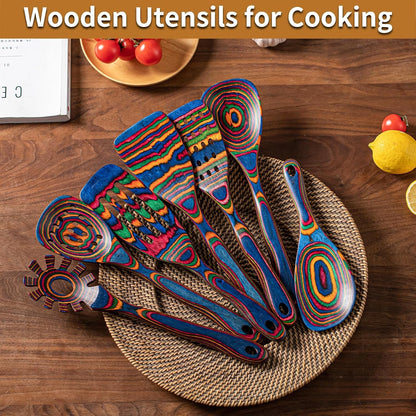 Pakka Wood 7-Piece Blue Wooden Cooking Utensils, Wooden Spoons for Cooking, Wooden Spoon Set, Wooden Kitchen Utensil Set, Pakkawood Cooking Spoons, Non-Stick Spoon,Pakkawood Kitchen Utensils7