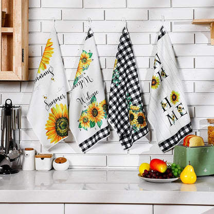 4 Pcs Sunflower Kitchen Towels Set, Hand Tea Towels Gifts | Absorbent Fast Drying Dish Clothes Floral Black White Plaid Decor Housewarming Gift for Cooking Bathroom Kitchen Decor7