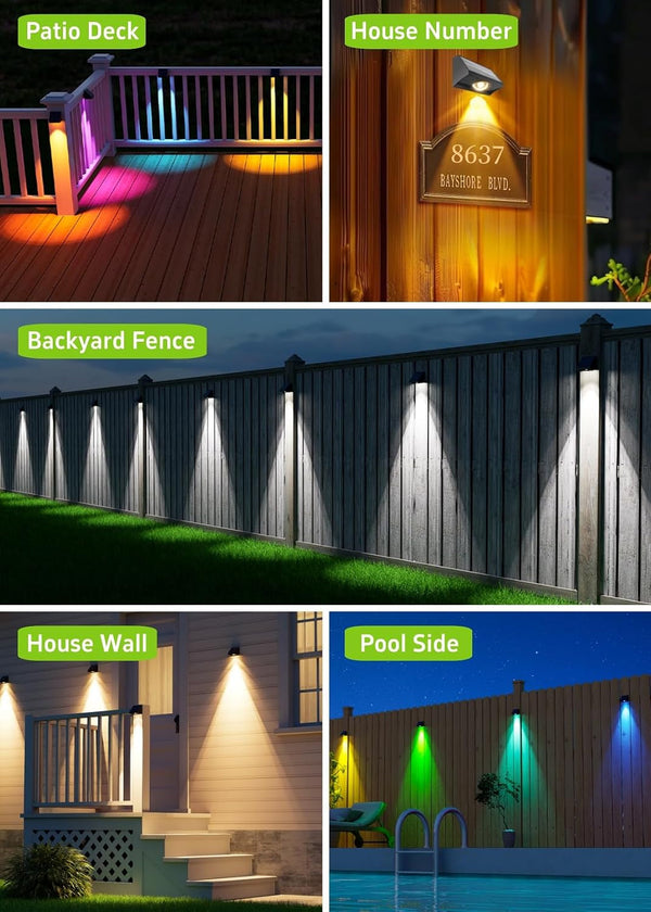 Solar Fence Lights Outdoor Waterproof High Brightness LED Spot Lens Deck Lights 7 Mode Warm & Cool White RGB Solar Powered Wall Lighting Decor for outside Patio Step Backyard Railing Pool - 8 Pack8