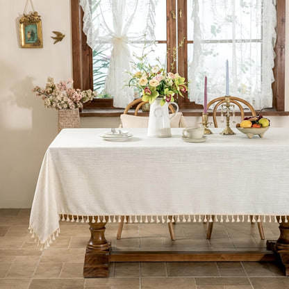 off White Rectangle Tablecloth with Tassels 55X75 Inch4