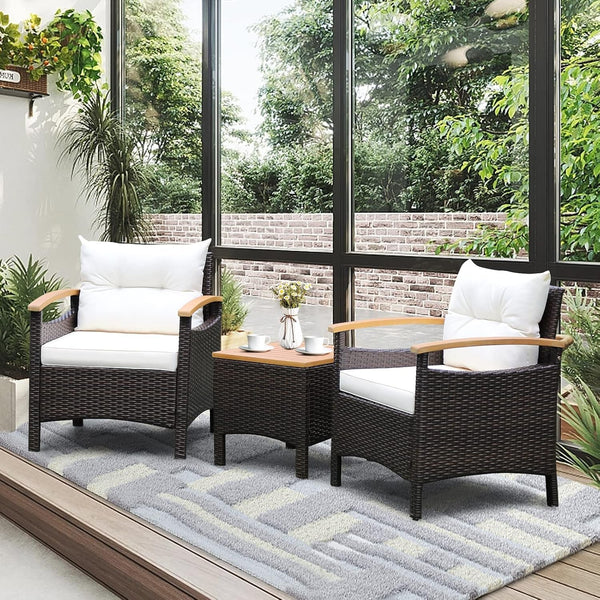3-Piece Patio Furniture Set, Patiojoy Outdoor Rattan Sofa Set with Coffee Table, Patio Conversation Set with Removable Cushion, Cozy Acacia Wood Armrests for Backyard, Poolside (Off White)4