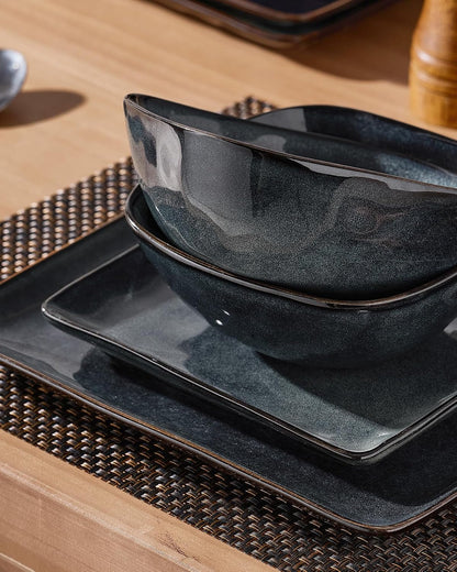 Square Dinnerware Set for 4, Plates and Bowls, Deep Forest2