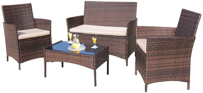 4 Pieces Outdoor Patio Furniture Set, Rattan Chairs, Brown & Beige1