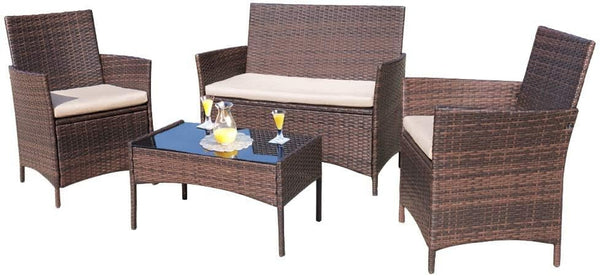 4 Pieces Outdoor Patio Furniture Set, Rattan Chairs, Brown & Beige1