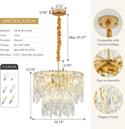 Modern Gold Crystal Lighting for Room,6 Lights Elegant round Lamp,16'' Modern Crystal Chandeliers for Dining Room Living Room Kitchen Foyer Hallway Staircase9