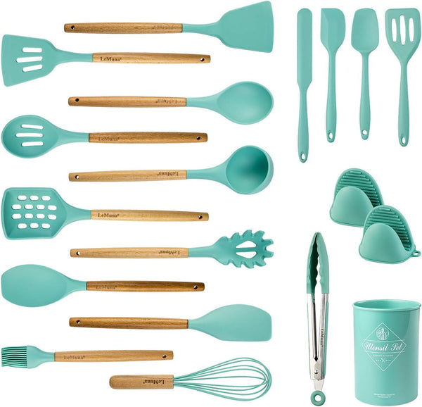 Cooking Utensils Set, 18Pcs Kitchen Silicone Utensils, Heat Resistant Non Toxic & Bpa-Free with Holder & Wooden Handle, Home Essential Accessories, Teal(Turquoise)1