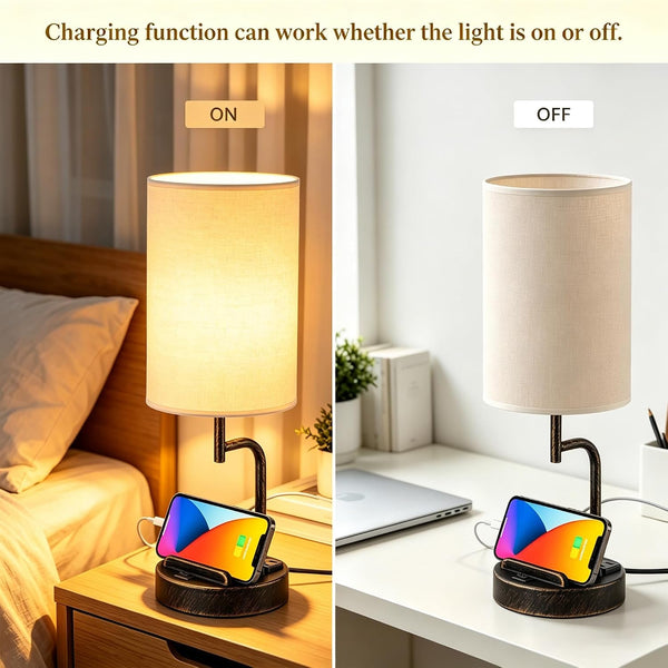 2 Pack Table Lamp, Bedside Lamp with 3 USB Charging Ports & AC Outlet, USB Desk Lamp with 2 Phone Holders, Linen Fabric Shade Nightstand Lamps for Bedroom Living Room Office, Antique Brass5