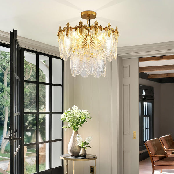 Antique Chandeliers 2-Layer Gold Crystal Glass Chandelier, 4-Light round Pendant Light 17.7" Brushed Brass Adjustable Height, Applicable to Dining Room, Bedroom, Living Room, Foyer, Kitchen Island7
