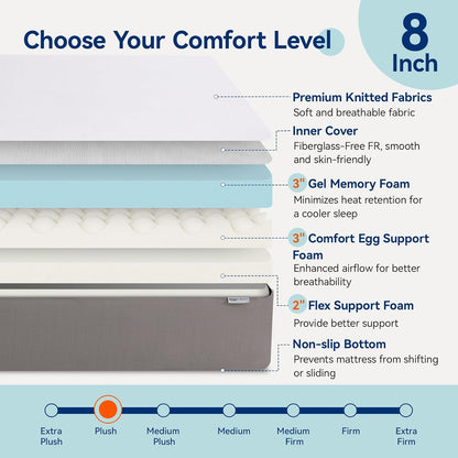 Breathable Memory Foam Plush Mattress, Queen, White/Grey, 80 X 60 X 8 Inches4