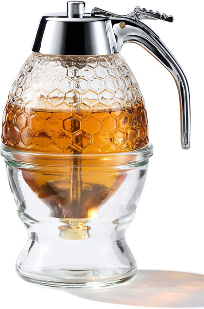 Stainless Steel Shaft Honey and Maple Syrup Dispenser - No Drip Glass Honeycomb Jar with Stand, 8 Oz Syrup Pot, Silver Plastic Top1