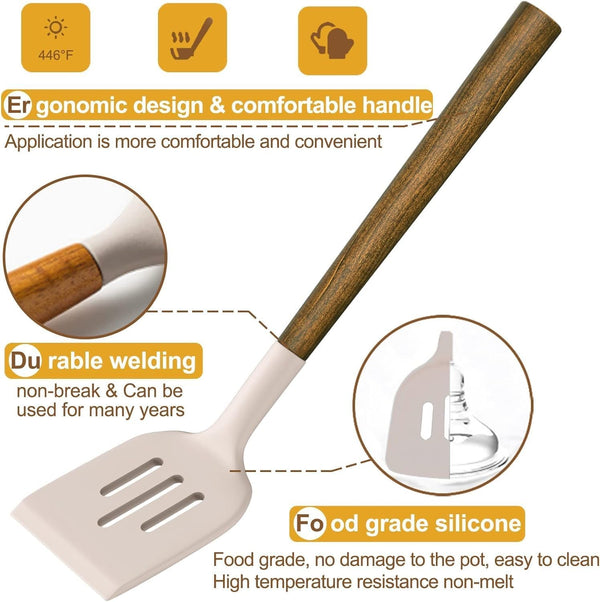 Silicone Cooking Utensil Set, 8-Piece Kitchen Utensils Set with Natural Acacia Wooden Handles, Silicone Kitchen Gadgets and Spatula Set for Nonstick Cookware - Khaki6