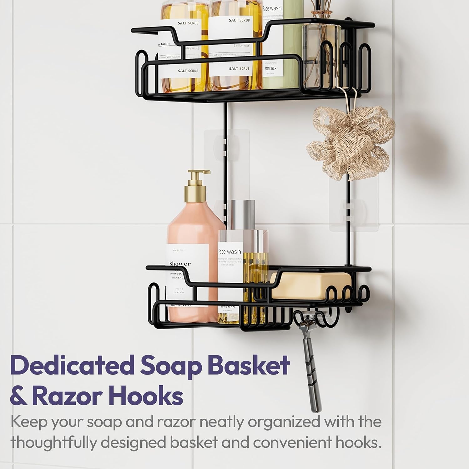 bathroom-shower-caddy-hanging-extended-length-2-tier-rustproof-over-shower-head-organizer-no-drilling-bathroom-shelf-with-14-hooks-soap-holder-anti-swing-rack-black-medium