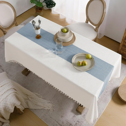 Outdoor Linen Tablecloth Square, Waterproof Cotton Boho Farmhouse Table Cloths with Tassel, Heavy Weight Wrinkle Free Table Cover for Picnic Camping Dining - 55 X 55 Inch, Blue Stripe7