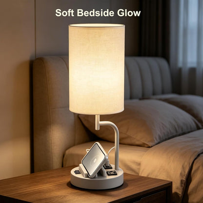2 Pack Table Lamp, Bedside Lamp with 3 USB Charging Ports & AC Outlet, USB Desk Lamp with 2 Phone Holders, Linen Fabric Shade Nightstand Lamps for Bedroom Living Room Office, Gray6