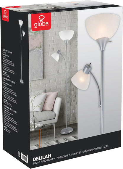 67134 72" Torchiere Floor Lamp and Adjustable Reading Light, Silver, Frosted Shade, Dual Rotary Switch, 3-Step Dimming, Modern Lighting for Living Room or Office, Timeless8