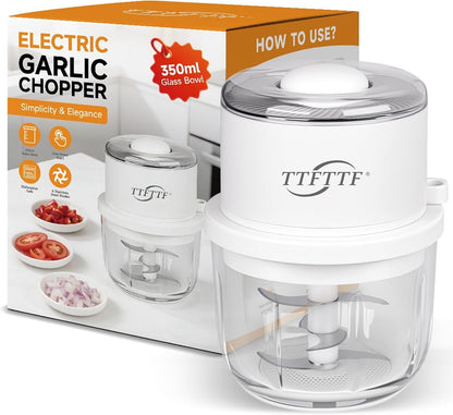 40W 6-Blade Chopper with 350ML Glass Bowl & Cordless USB-C Charging | Fast 5–30 Second Prep for Garlic, Onion, Ginger, Chili & More1