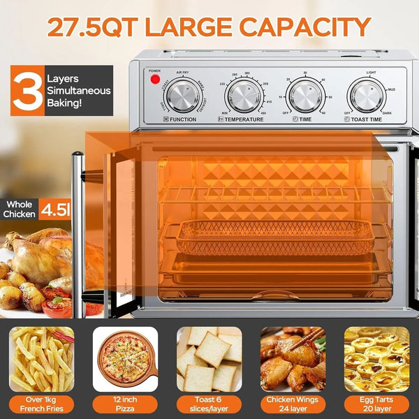 Plumchef 27.5 Quart Extra Large 6 Slices Air Fryer Convection Toaster Oven, French Door, 1700W, Multifunction Oven for Air Fryer, Toast, Grill, Defrost, Bake (Stainless Steel)5