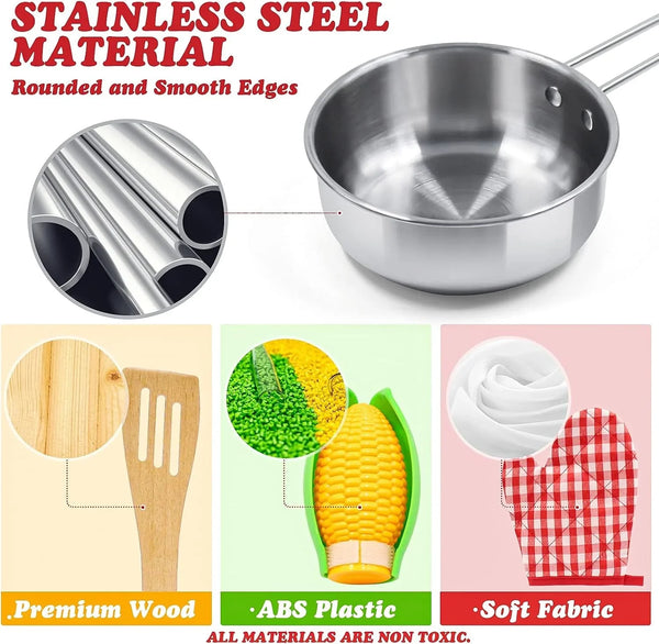 Kids Pretend Play Kitchen Toys Accessories Set, 32Pcs Stainless Steel | Toy Pots and Pans Sets W/ Rack Organizer, Metal Cooking Utensils & Apron, Play Food W/ Basket for Kids Girls Boys Toddlers 3+5