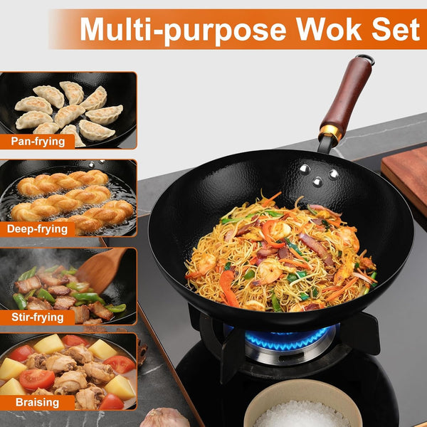 Carbon Steel Wok Pan, 13.4-Inch Nonstick Pre-Seasoned Woks & Stir-Fry Pans with Glass Lid, No Chemical Coated Wok round Bottom Hand Hammered Chinese Wok for Gas Stoves7
