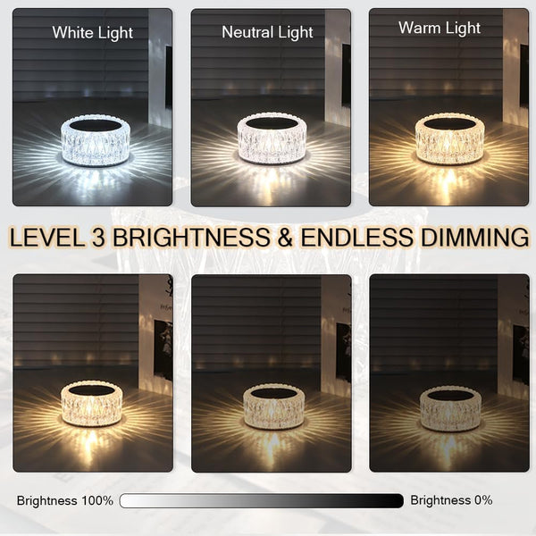 Portable Crystal LED Table Lamp, 3-Levels Brightness Desk Lamp,3 Color Touch Control Rechargeable Lamp for Bedroom Living Room Decor(White)2