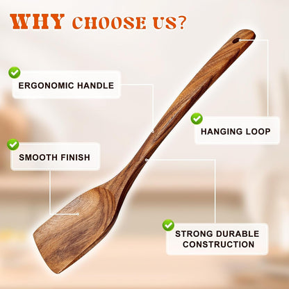2Pcs Wooden Spatula, Acacia Solid & Slotted Turner Spatula Set, Long Handle Flat Frying Spatulas, Ideal Kitchen Gift for Mother and Grandma, Kitchen Utensils Set for Cooking, Frying, Baking6