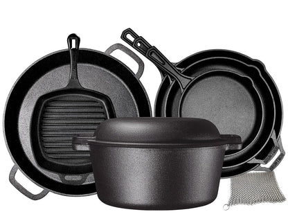 8 Piece Cast Iron Cookware Set - Pre-Seasoned Pots and Pans Set with Cast Iron Skillets, Grill Pan, Dutch Oven, Pizza Pan, and Scrubber - Heavy Duty Cooking for Home Kitchen or Camping1
