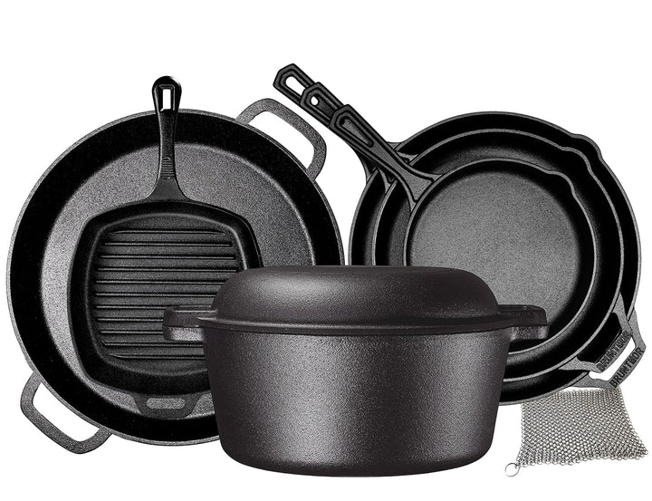 8 Piece Cast Iron Cookware Set - Pre-Seasoned Pots and Pans Set with Cast Iron Skillets, Grill Pan, Dutch Oven, Pizza Pan, and Scrubber - Heavy Duty Cooking for Home Kitchen or Camping