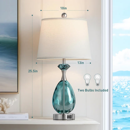 Coastal Glass Table Lamps Set of 2, 3-Way Dimmable Touch Control Nautical Lamp with USB A+C Ports,Bedside Lamp Beach Decor,Nightstand Lamp with White Shade for Living Room Bedroom(Led Bulbs Included)5