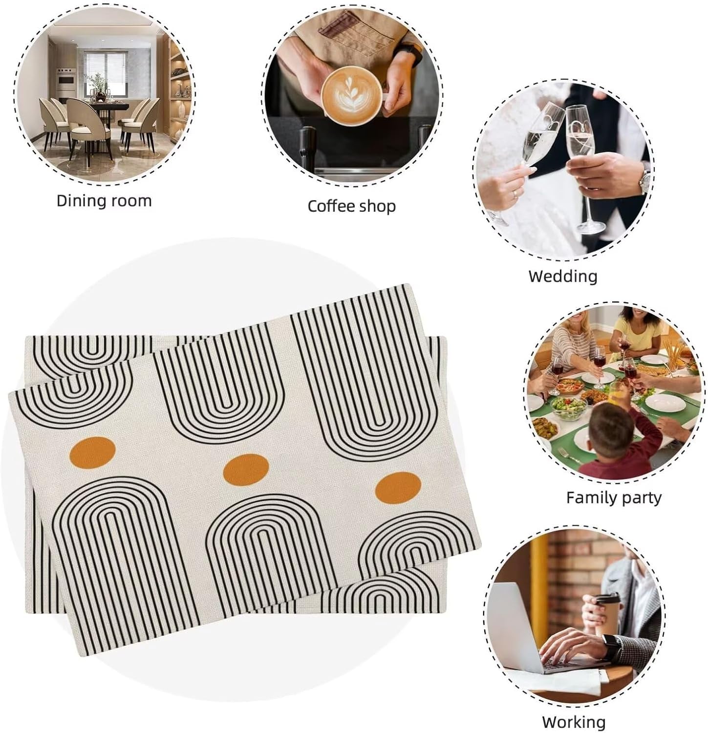 boho-mid-century-placemats-12x18-inch-set-of-6-abstract-simple-sun-arch-pattern-table-place-mat-boho-modern-yellow-spot-washable-table-mats-decorative-linen-fabric-table-mat-for-dining-table