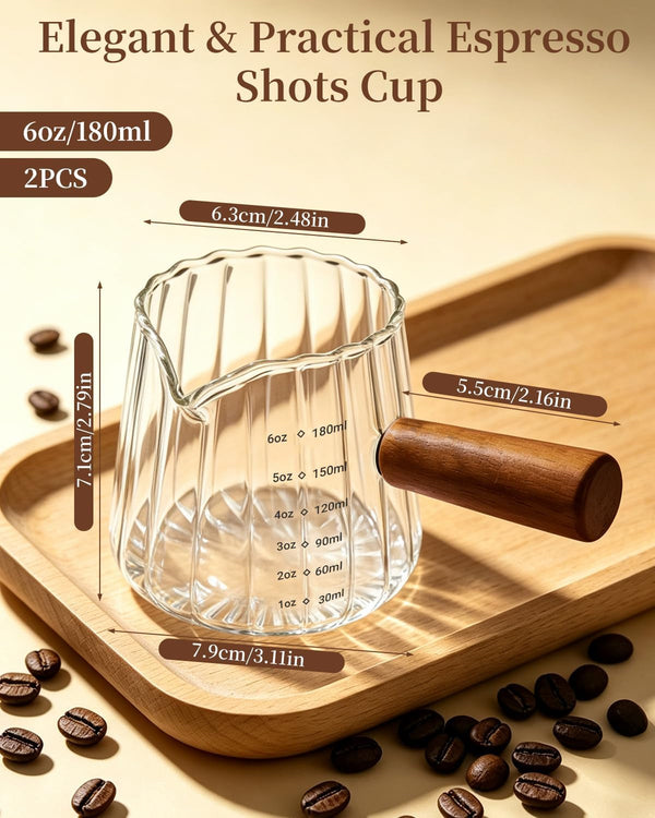 2 PCS Espresso Measuring Cup 6 Oz, Espresso Glass Cups with Wood Handle, Milk Frothing Cup, Espresso Cup for Coffee, Milk, Tea or Maple Syrup Serving2