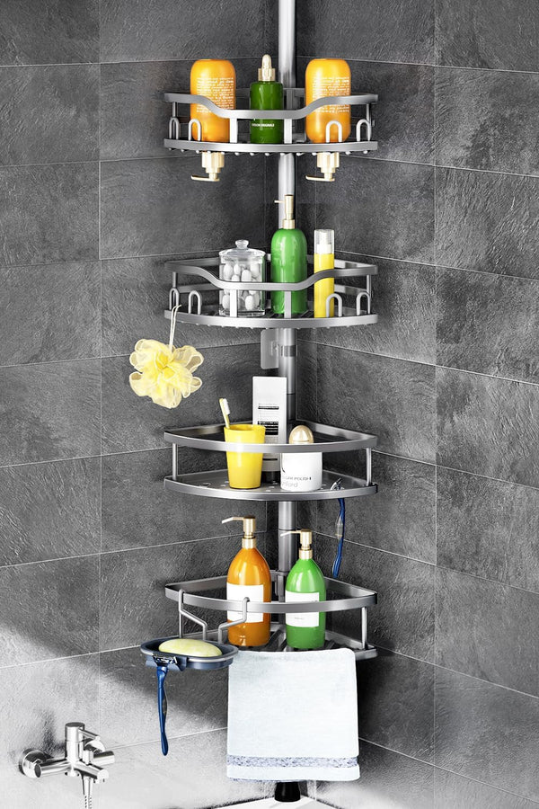 Corner Shower Caddy Tension Pole: Rustproof Stable 4-Tier Bathroom Organizer Shelves for Bathtub Shampoo Storage - 47-121 Inch Quick Install Adjustable Shelf with Soap Rack - Silver Gray1