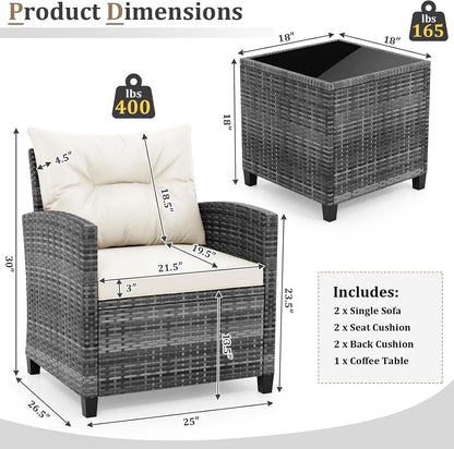 3 Piece Patio Furniture Set, Outdoor PE Rattan Conversation Set with Washable Cushions & Tempered Glass Tabletop, Wicker Chairs and Table Set for Porch, Garden, Balcony (White)6