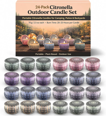 24 Pack Citronella Candles Outdoor, 2.5 Oz Soy Wax Tin Candles with 8% Citronella Oil, up to 600 Hours Total Burn Time, Portable Patio Candle Set for Backyard, Camping, BBQ & Summer Use1