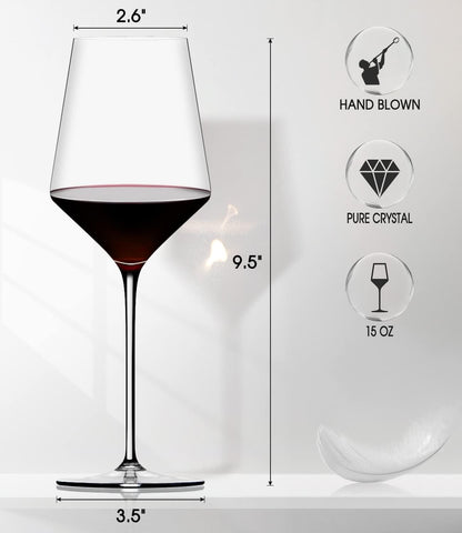 Wine Glasses Set, Crystal Red Hand Blown Wine Glass, Set of 4, 15 Oz | Long Stem, Thin Rim, Premium, Perfect for Red or White, Daily Use, Unique Wedding Anniversary or Birthday Gift6