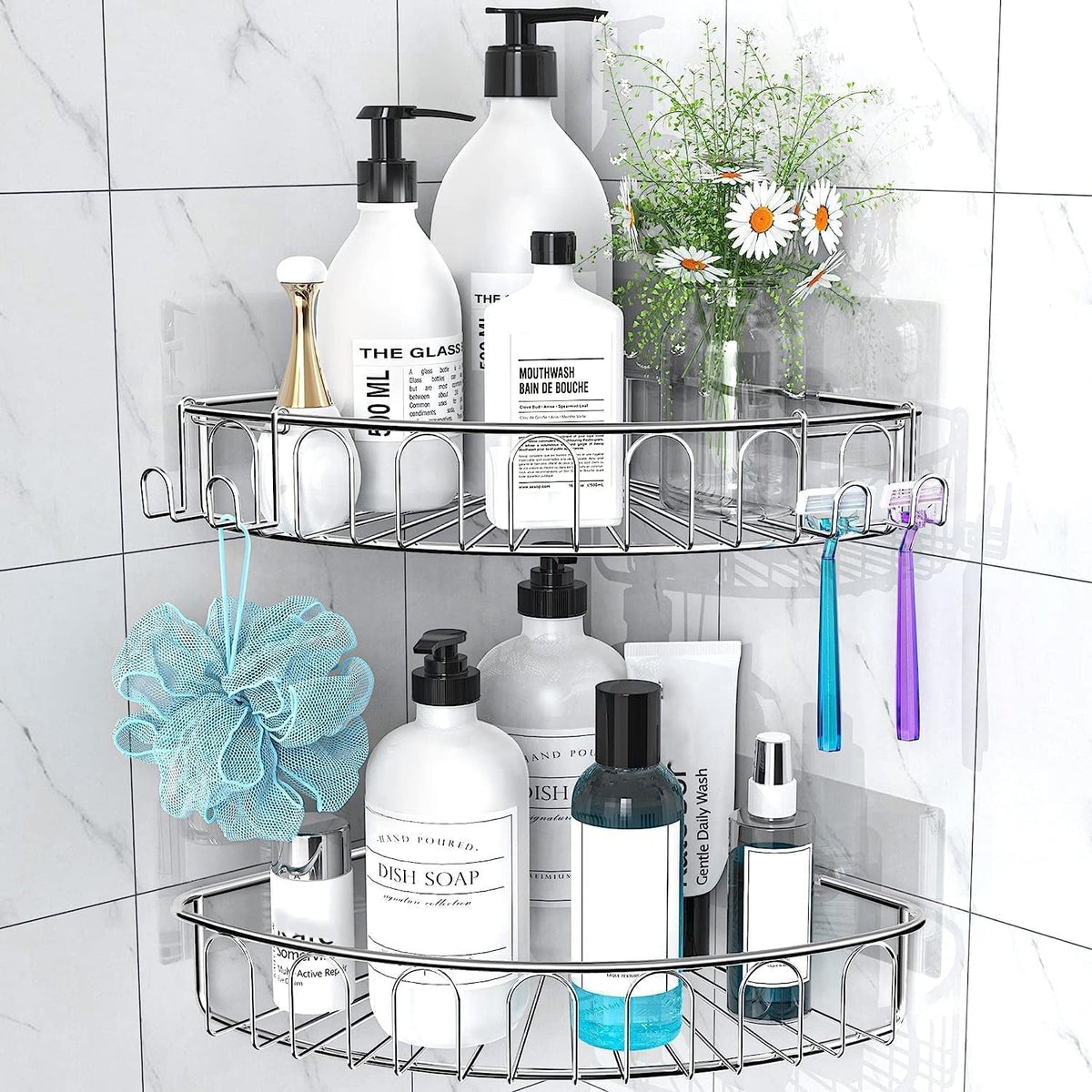 corner-shower-caddy-stainless-steel-with-hooks-wall-mounted-bathroom-shelf-storage-organizer-adhesive-no-drilling-2-pack-silver-only-for-90-degree-corner