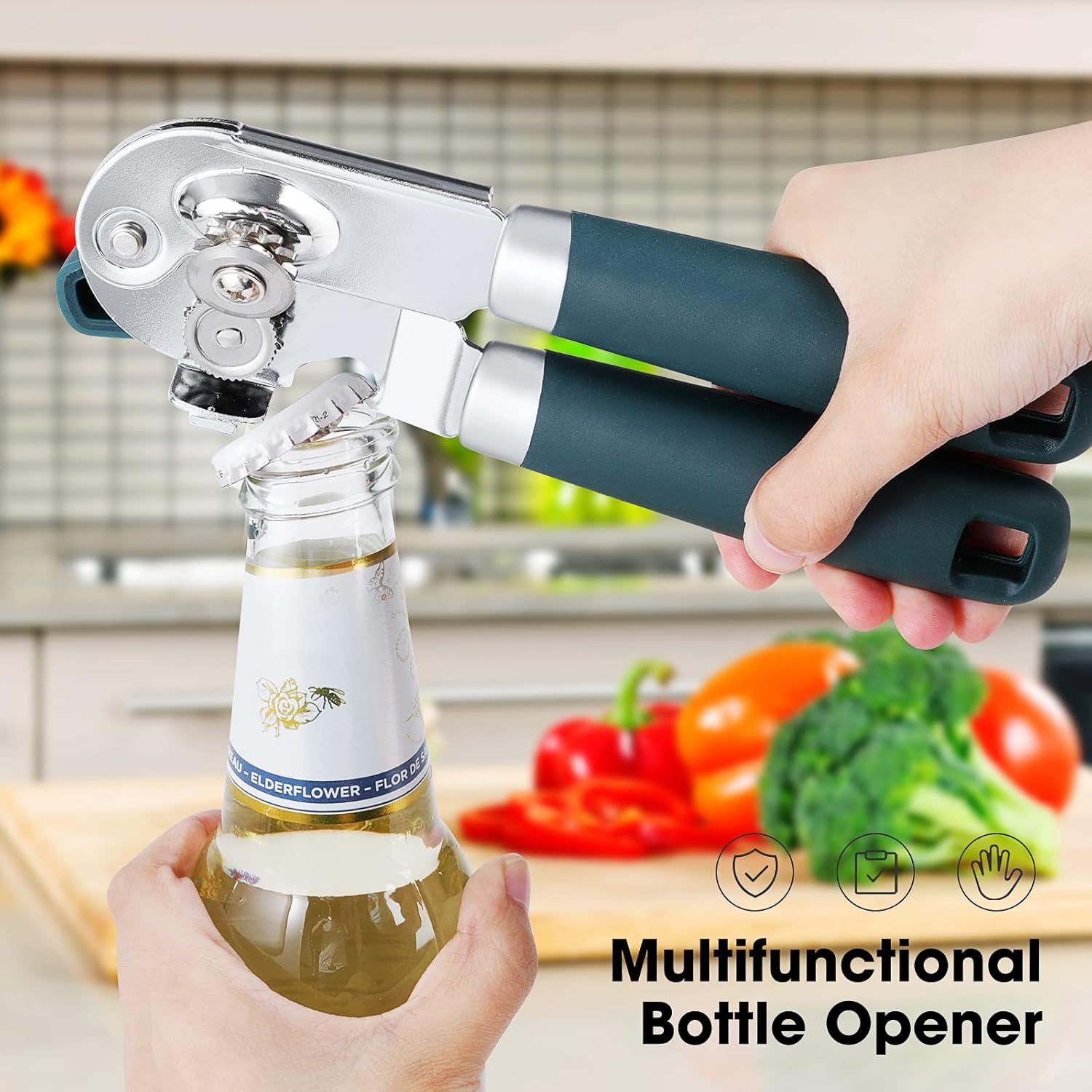 heavy-duty-hand-can-opener-manual-with-magnet-lid-remover-green-razor-sharp-carbon-steel-blade-precise-smooth-cutting-gear-big-effort-saving-knob-soft-grip-handle-built-in-bottle-opener