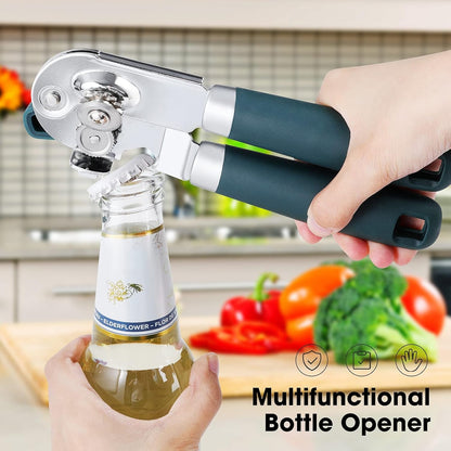 Heavy Duty Hand Can Opener Manual with Magnet Lid Remover, Green | Razor-Sharp Carbon Steel Blade, Precise Smooth Cutting Gear, Big Effort-Saving Knob, Soft Grip Handle, Built-In Bottle Opener6