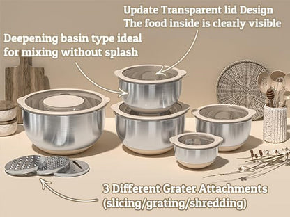 Mixing Bowles Set with Lids Set - Warp-Proof TPR-AS Lids, Stainless Steel Mixing Bowl with 3 Graters & Measuring Lines, Non-Slip Bowls for Baking, Prep, Airtight Food Storage (Khaki 5/3/2/1.5/0.63QT)5