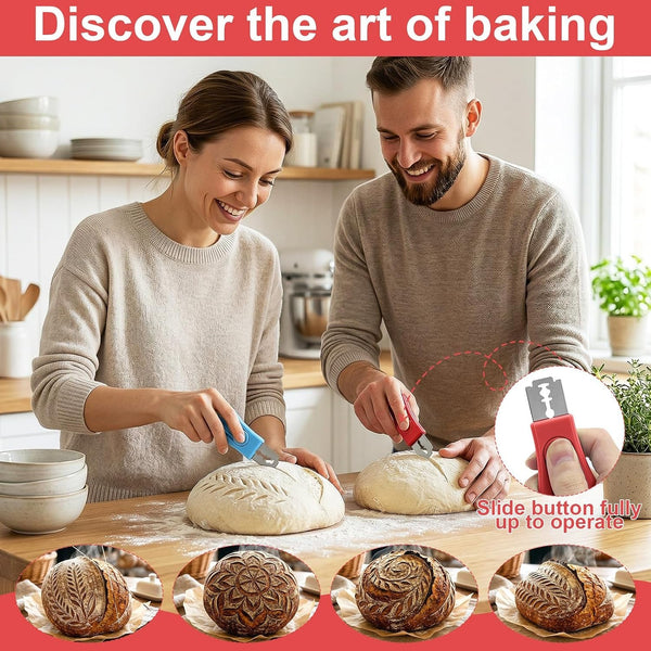 2 Pack Bread Lame Dough Scoring Tool Set, Professional Sourdough Scoring Tool & Bread Scorer with 10 Razor Blades, Finger Protectors Bread Razor for Artisan Baking Red/Blue4