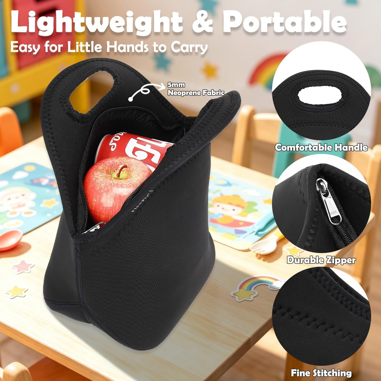 neoprene-kids-lunch-box-insulated-soft-bag-mini-cooler-thermal-meal-tote-kit-for-boys-girls-men-women-school-work-office-black