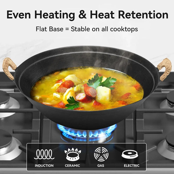 13.4 Inch Cast Iron Wok with Wooden Lid and Iron Spatula, Flat Bottom Double-Handle Chinese Stir Fry Pan, Uncoated Cast Iron Wok for Induction, Gas and Electric Stoves6