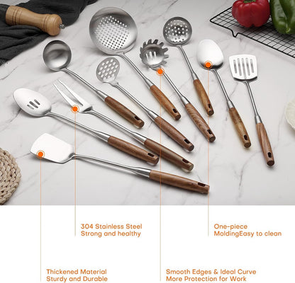 10 Pcs Cooking Utensils Set 304 Stainlss Steel Kitchen Utensils Set Heat Resistant Wooden Handle Kitchen Tools Metal Kitchen Utensil Soup Ladle Set, Dishwasher Safe3