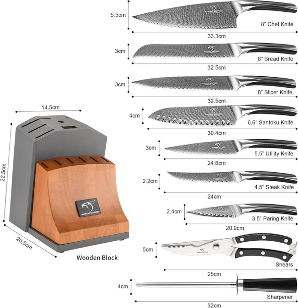 15-Pc Damascus Knife Set VG10 Steel Block | 15-Piece Set with VG10 Steel Core, 67-Layer Damascus, Hrc60+ Razor Edge, Abs Ergonomic Handles, Shears & Sharpener Included2