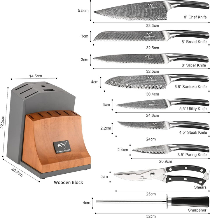 15-Pc Damascus Knife Set VG10 Steel Block | 15-Piece Set with VG10 Steel Core, 67-Layer Damascus, Hrc60+ Razor Edge, Abs Ergonomic Handles, Shears & Sharpener Included+2
