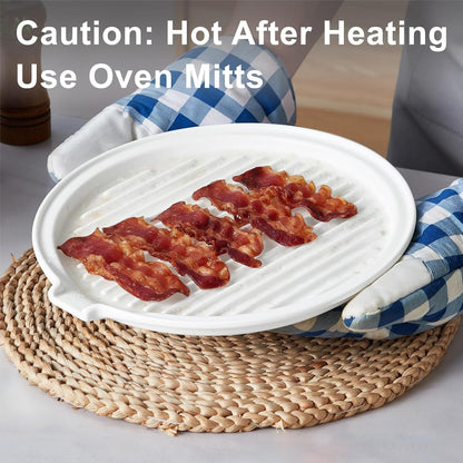 Microwave Bacon Tray with Lid Ceramic Bacon Cooker Meat Rack for Oven Cooking Crispy Bacon Maker with Cover - 11 Inch round Bacon Dish Plate, White5
