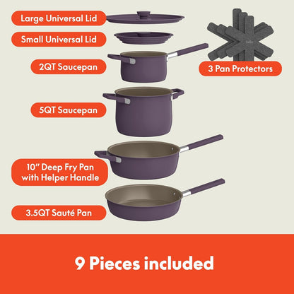 Fits-Anywhere™ 9-Piece Ceramic Nonstick Non-Toxic Cookware Set, Plum2