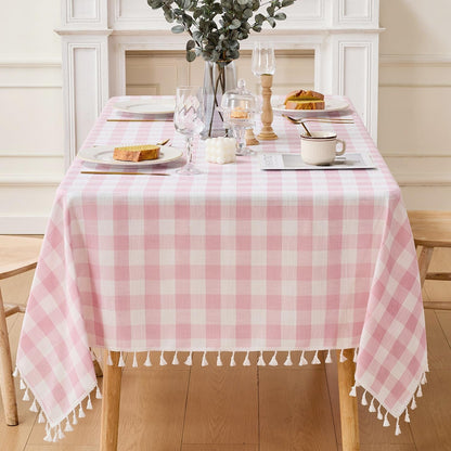 Gingham Tablecloth Rectangle Cotton Linen Fabric Checkered Table Cloth with Tassel Washable Wrinkle Free Buffalo Plaid Table Cover for Birthday Party Picnic Outdoor, Pink, 55X757