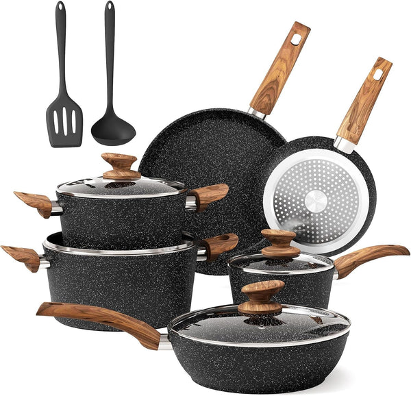 Non Stick Pots and Pans Set, 12 Piece Kitchen Cookware Sets | Granite Pans Set for Cooking, Compatible with Induction, Gas & Electric Stoves, PFOA & PFOS Free, Even Heating, Easy to Clean1